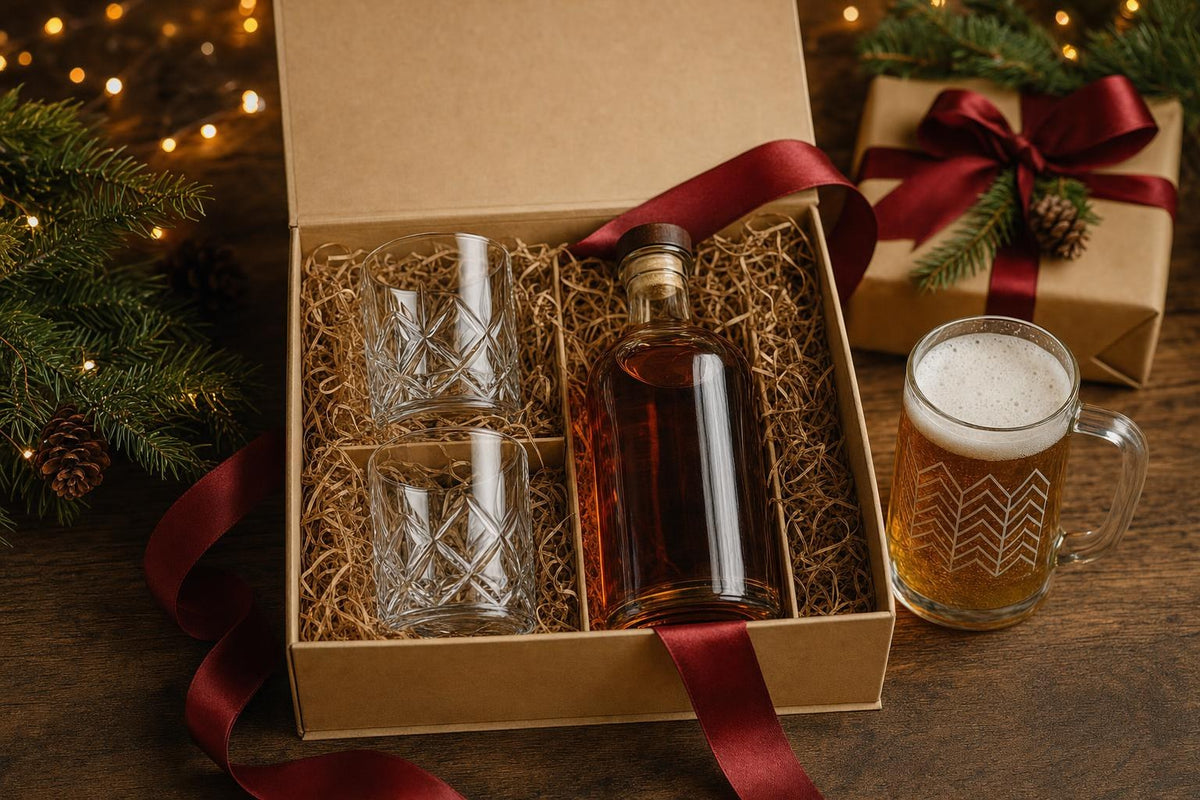 Geschenkset mit Gläsern, einer Flasche und Geschenkpapier auf einem Tisch mit Weihnachtsdekoration