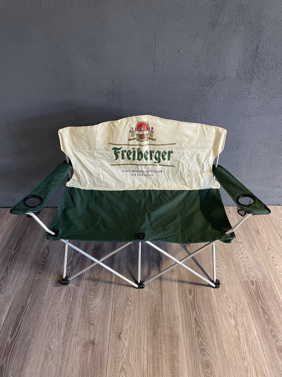1x Ławka kempingowa Freiberger Bier na 2 osoby, zielono-żółta, nowa