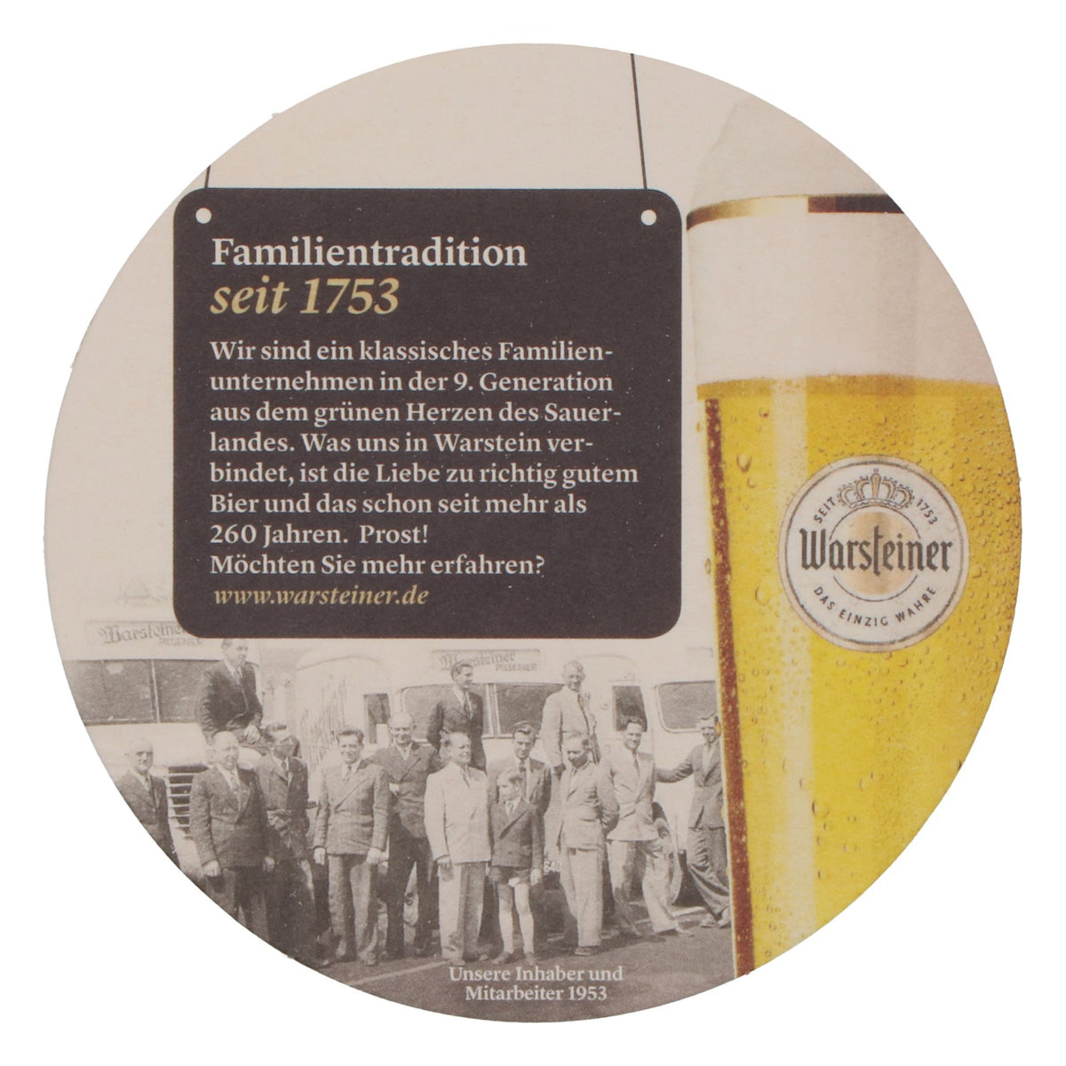 100 podkładek pod piwo Warsteiner, średnica 10,5 cm, „Tradycja rodzinna od 1753 roku” – Widok 4