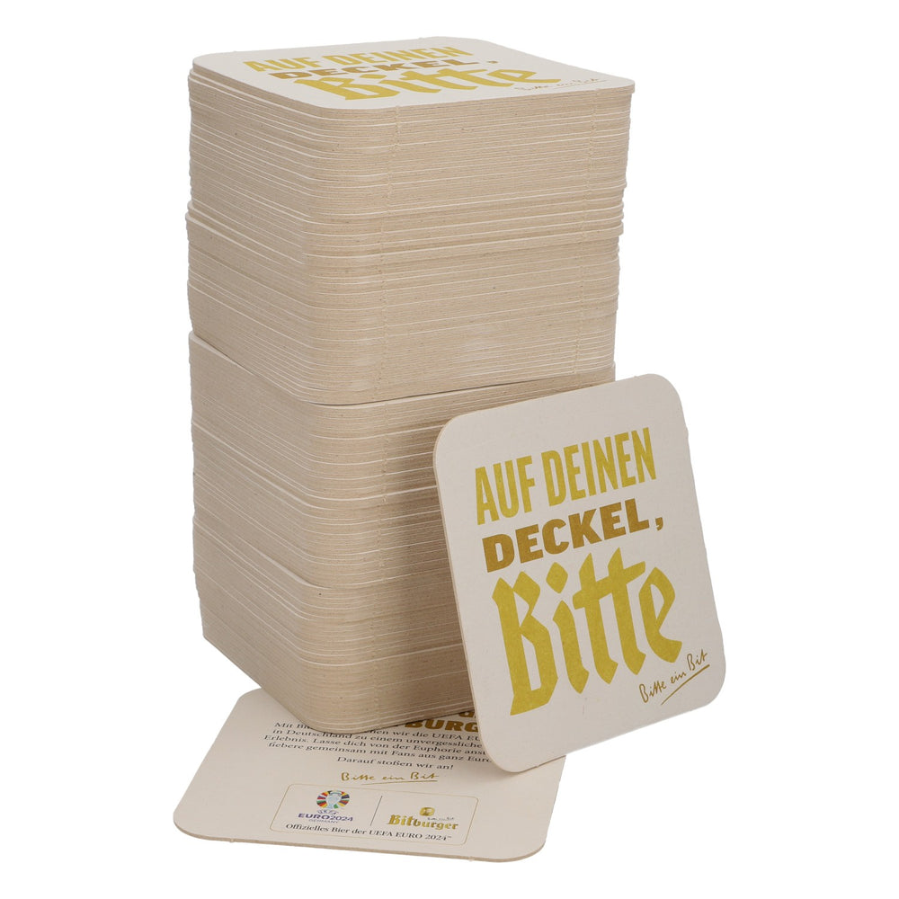 125x podkładki pod piwo Bitburger 9x9 cm „Auf deinen Deckel Bitte” („Na twoją pokrywkę, proszę”) z tyłu „Euro 2024”