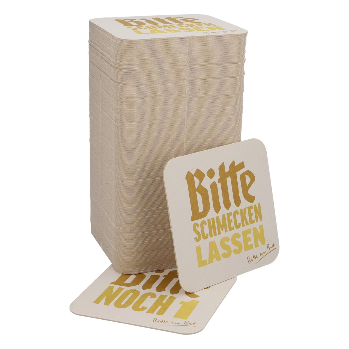 125x podkładki pod piwo Bitburger 9x9 cm „Bitte noch 1” („Jeszcze jedno, proszę”) Tył „Bitte schmecken lassen” („Proszę spróbować”)