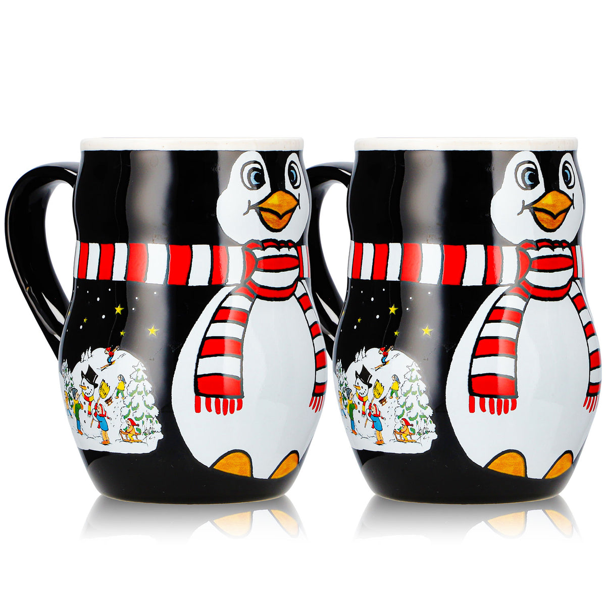 2 kubki do grzanego wina Mohaba z motywem pingwina, relief „Merry X-mas”, czarno-białe, 0,2 l, z podziałką