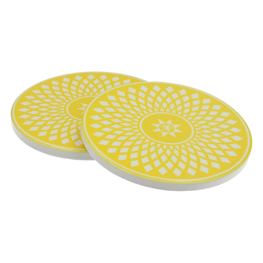 2x podkładki pod szklanki Gerolsteiner z korkową podstawką, ceramiczne, żółte