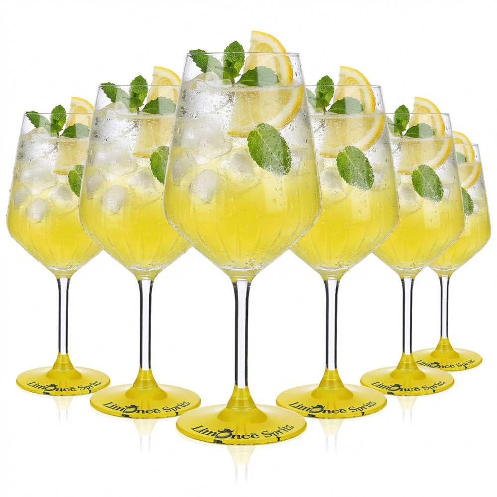 Zestaw 6 szklanek Limonce Limoncello 0,52 l – szklanki z reliefem, żółtym dnem i nadrukiem logo