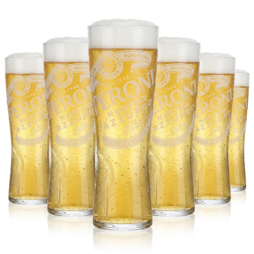 Zestaw 6 szklanek Peroni Nastro Azzurro o pojemności 0,25 l – szklanki typu „pokal” z charakterystycznym reliefem i podziałką
