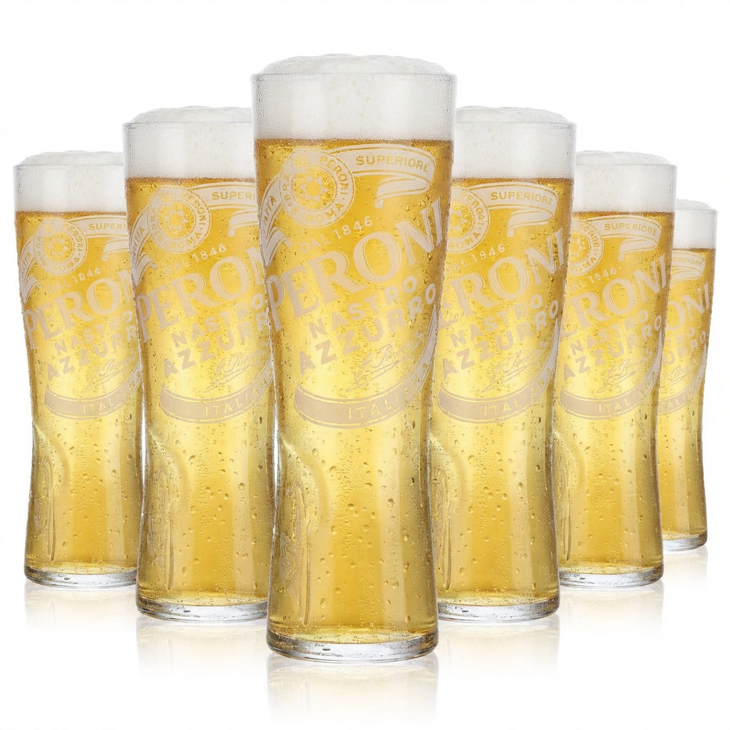 Zestaw 6 szklanek Peroni Nastro Azzurro o pojemności 0,25 l – szklanki typu „pokal” z charakterystycznym reliefem i podziałką