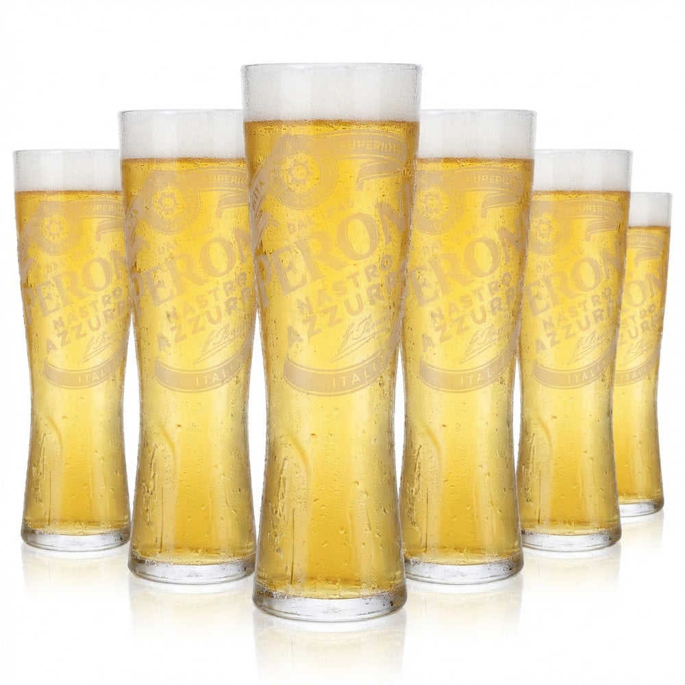 Zestaw 6 szklanek Peroni Nastro Azzurro o pojemności 0,3 l – kielichy z charakterystycznym reliefem, z podziałką
