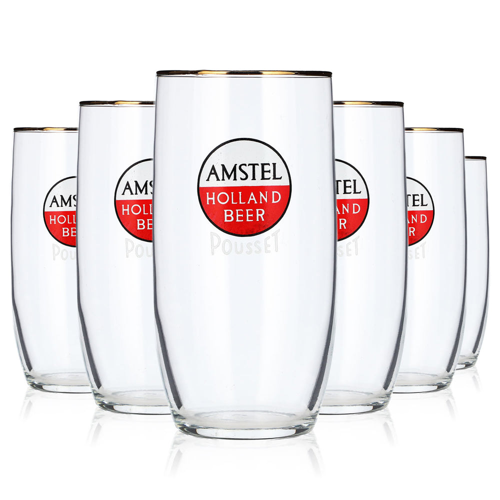 6 szklanek do piwa Amstel o pojemności 0,29 l, z złotym brzegiem, szklanki typu „Willibecher” i „Seidel” (zestaw 6 sztuk)
