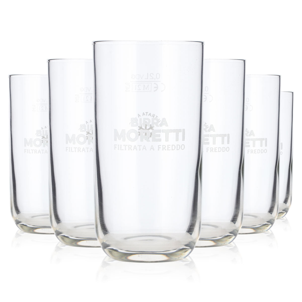 6 szklanek do piwa Birra Moretti, pojemność 0,2 l, model tumbler, z białym napisem na dnie, okrągłe (zestaw 6 sztuk)