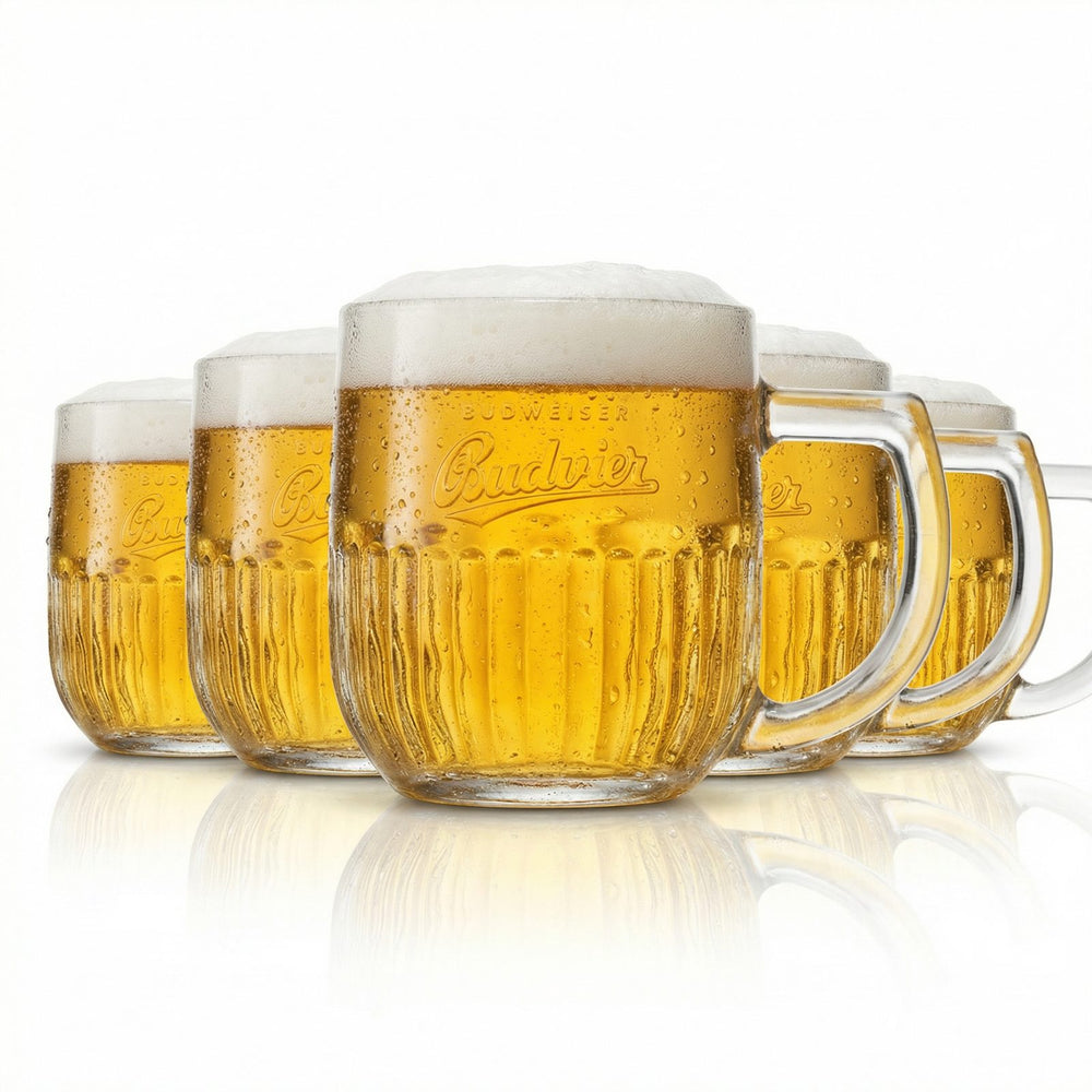 6x szklanka do piwa Budweiser Budvar 0,5 l – kufel z reliefem, solidny zestaw 6 sztuk, gastronomiczny