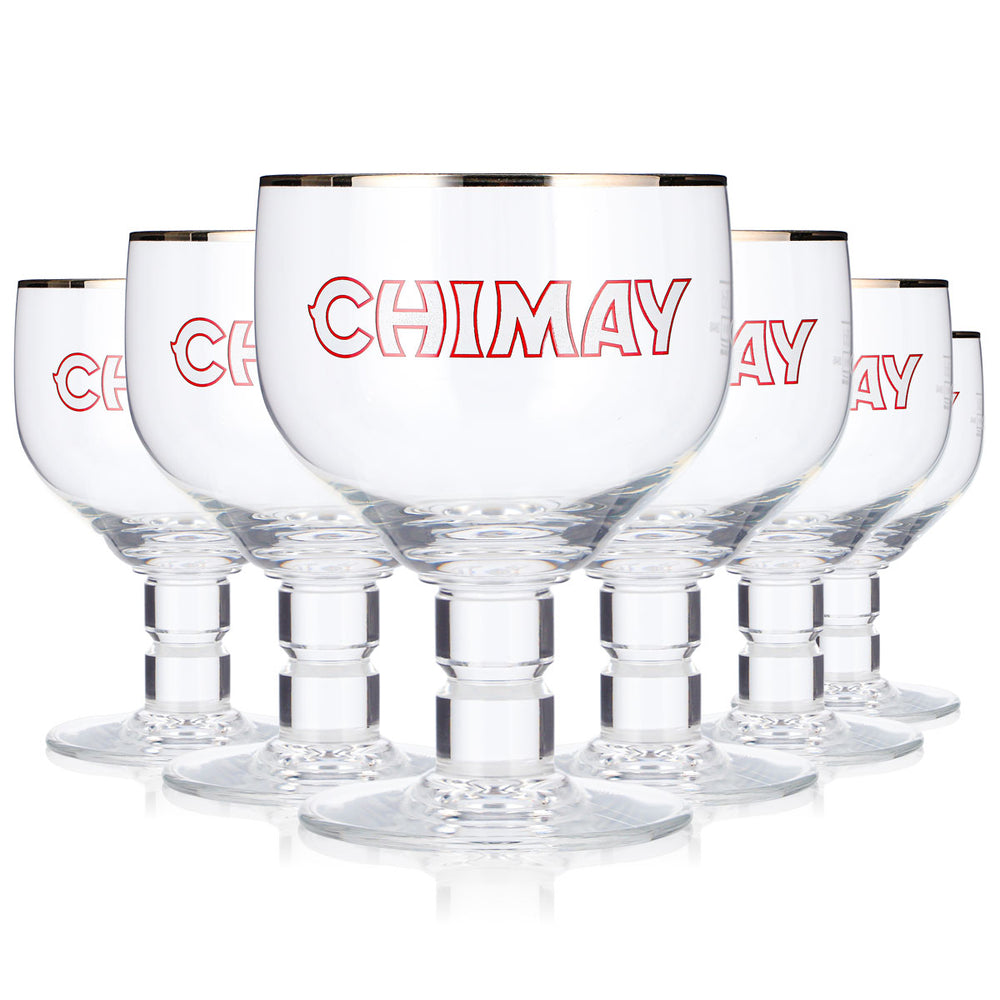 6 szklanek do piwa Chimay o pojemności 0,25 l, w kształcie pucharu, ze srebrną obwódką, Belgia (zestaw 6 sztuk)