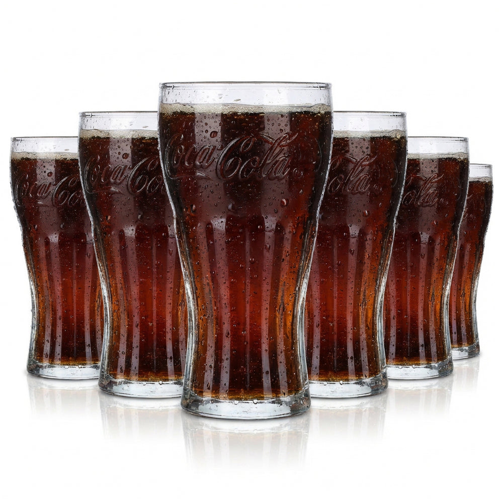 6x Coca Cola Konturglas 0,4 l Napoje bezalkoholowe Szklanki do lemoniady Zestaw Reliefowy napis Ikoniczny