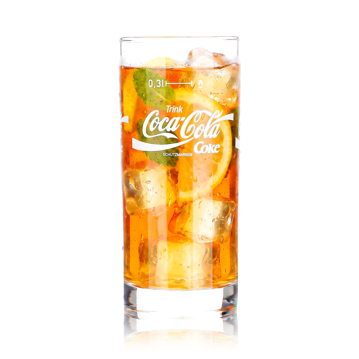 6 szt. szklanych kubków do napojów bezalkoholowych Coca-Cola, 0,3 l, z białym logo Coke, zawierające kofeinę – Widok 2