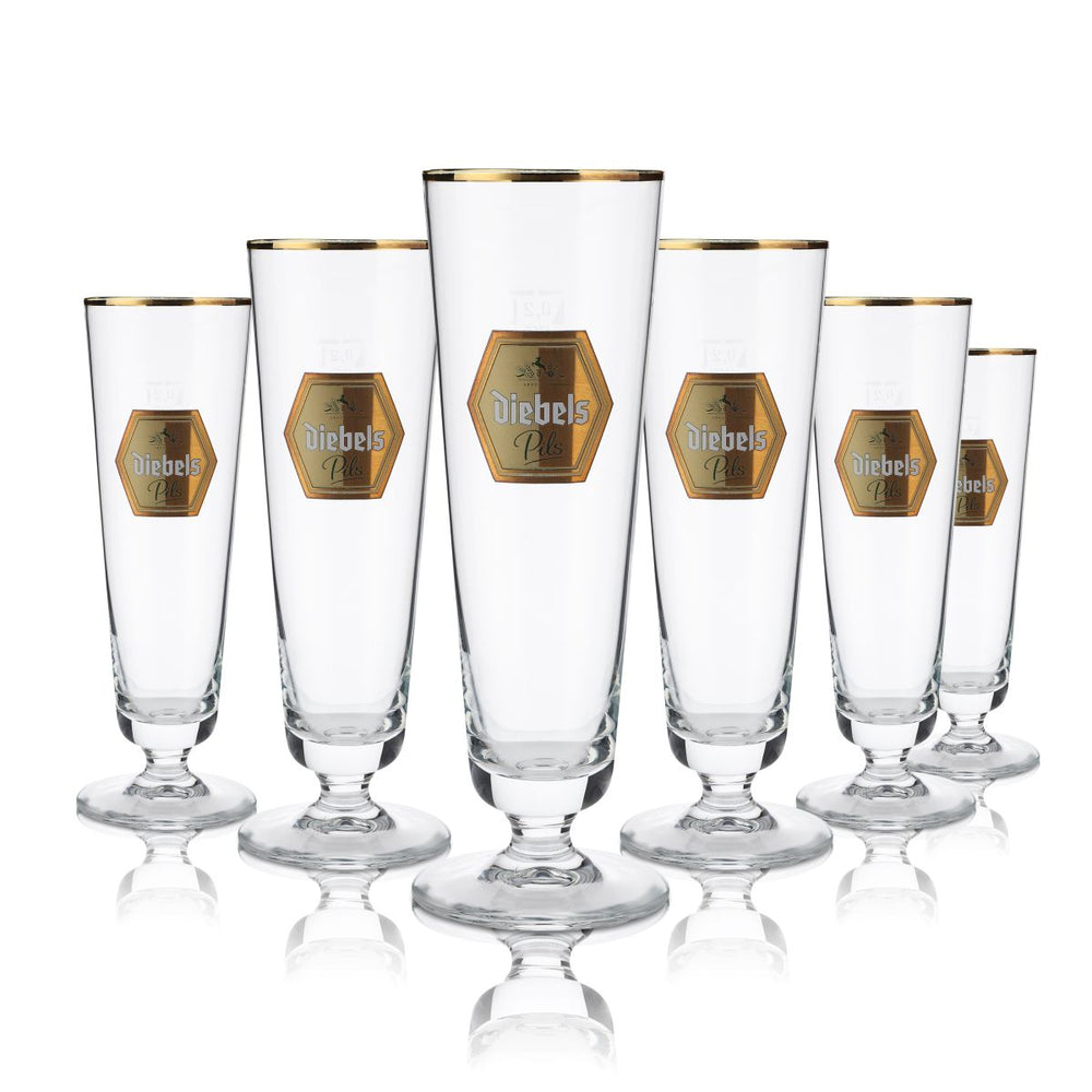 6x szklanka do piwa Diebels 0,2 l, szklanka typu pokal, szklanka typu pilzner, złota obwódka, zestaw szklanek, browar, gastronomia