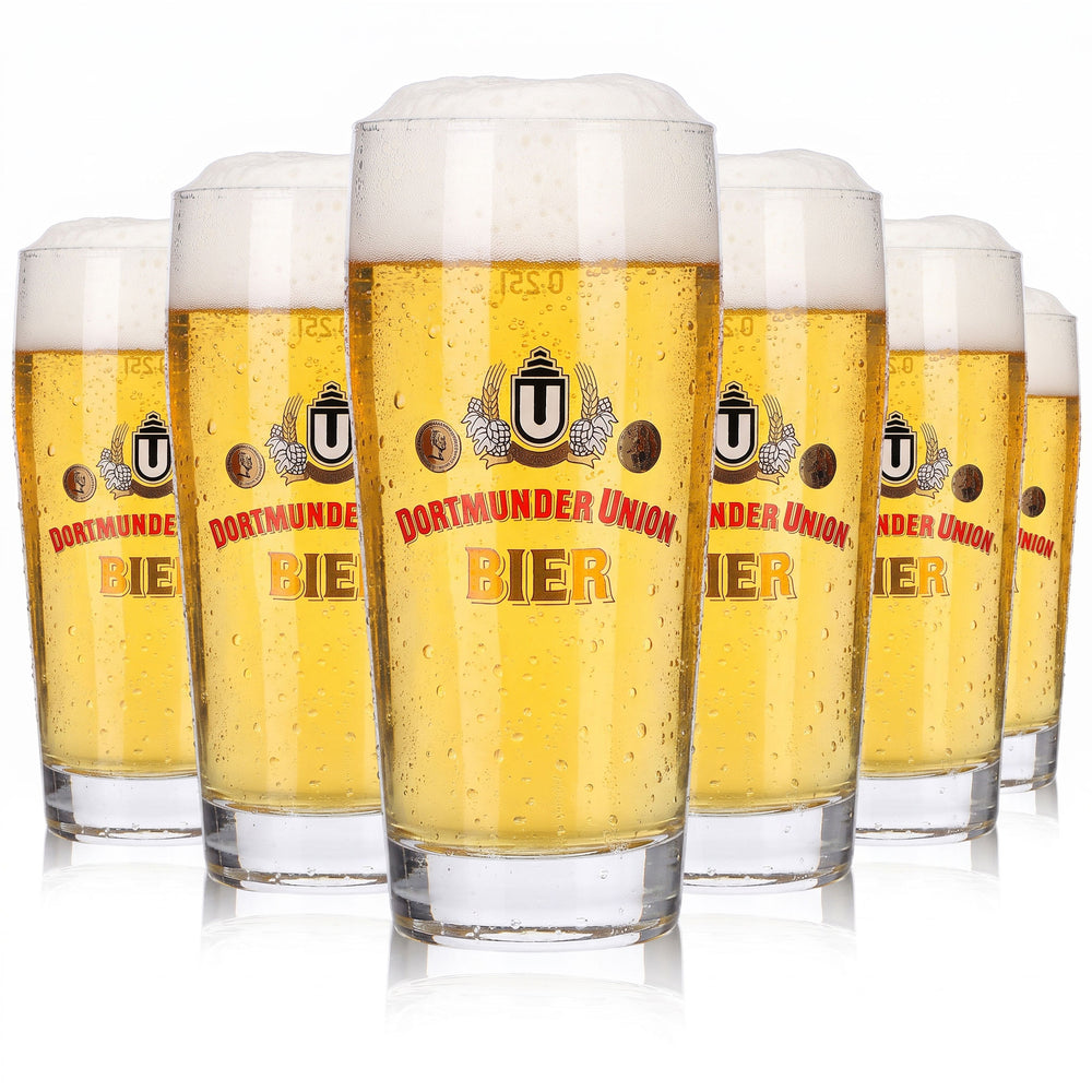 6 szklanek do piwa Dortmunder Union o pojemności 0,25 l, Willi Becher, z czerwonym napisem (zestaw 6 sztuk)