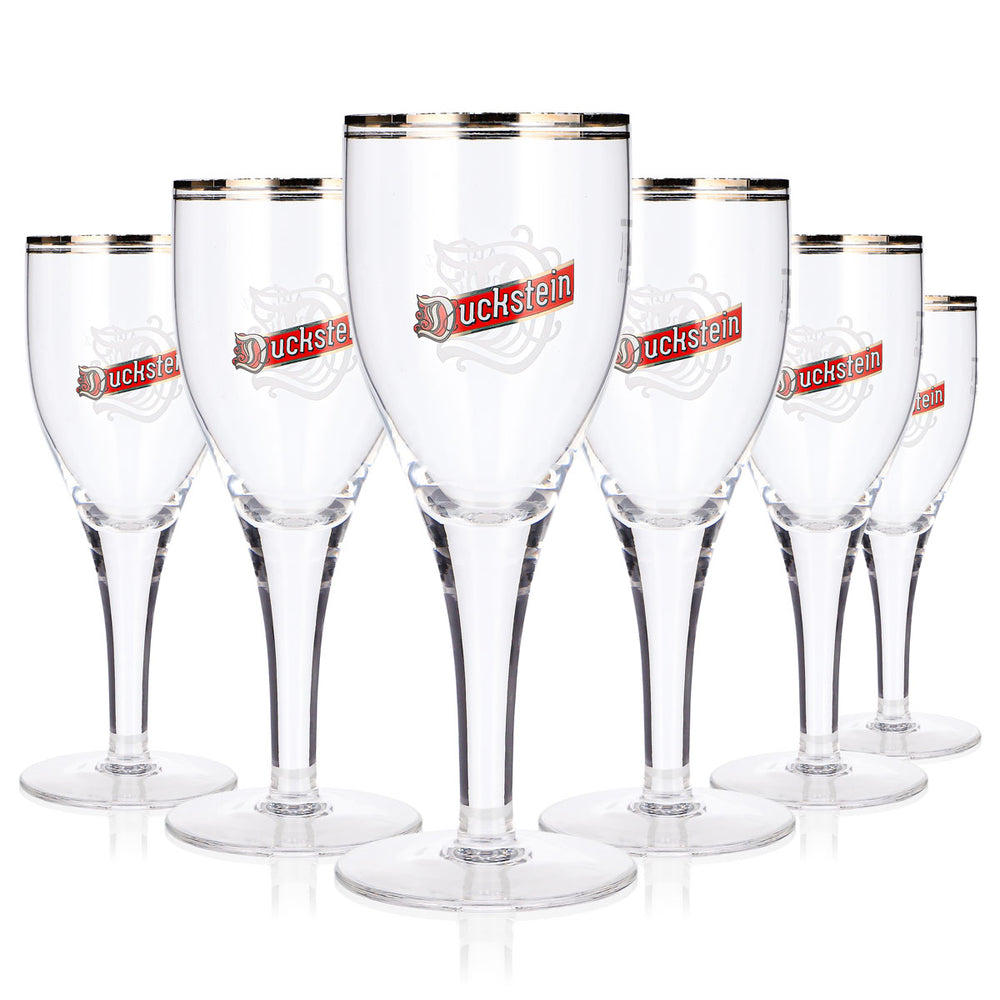 6 szklanek do piwa Duckstein 0,2 l, w kształcie tulipana, ze srebrną obwódką, w kolorze kremowym, z czerwonym logo (zestaw 6 sztuk)
