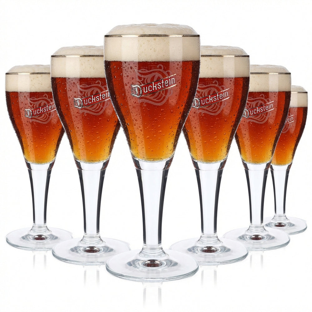 6x szklanki do piwa Duckstein 0,25 l, kształt pucharu, platynowa obwódka, duże logo Harzer