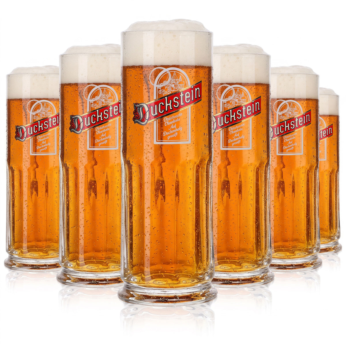 6 szklanych kufli do piwa Duckstein o pojemności 0,3 l z czerwonym logo w białej ramce, reliefowe (zestaw 6 sztuk)