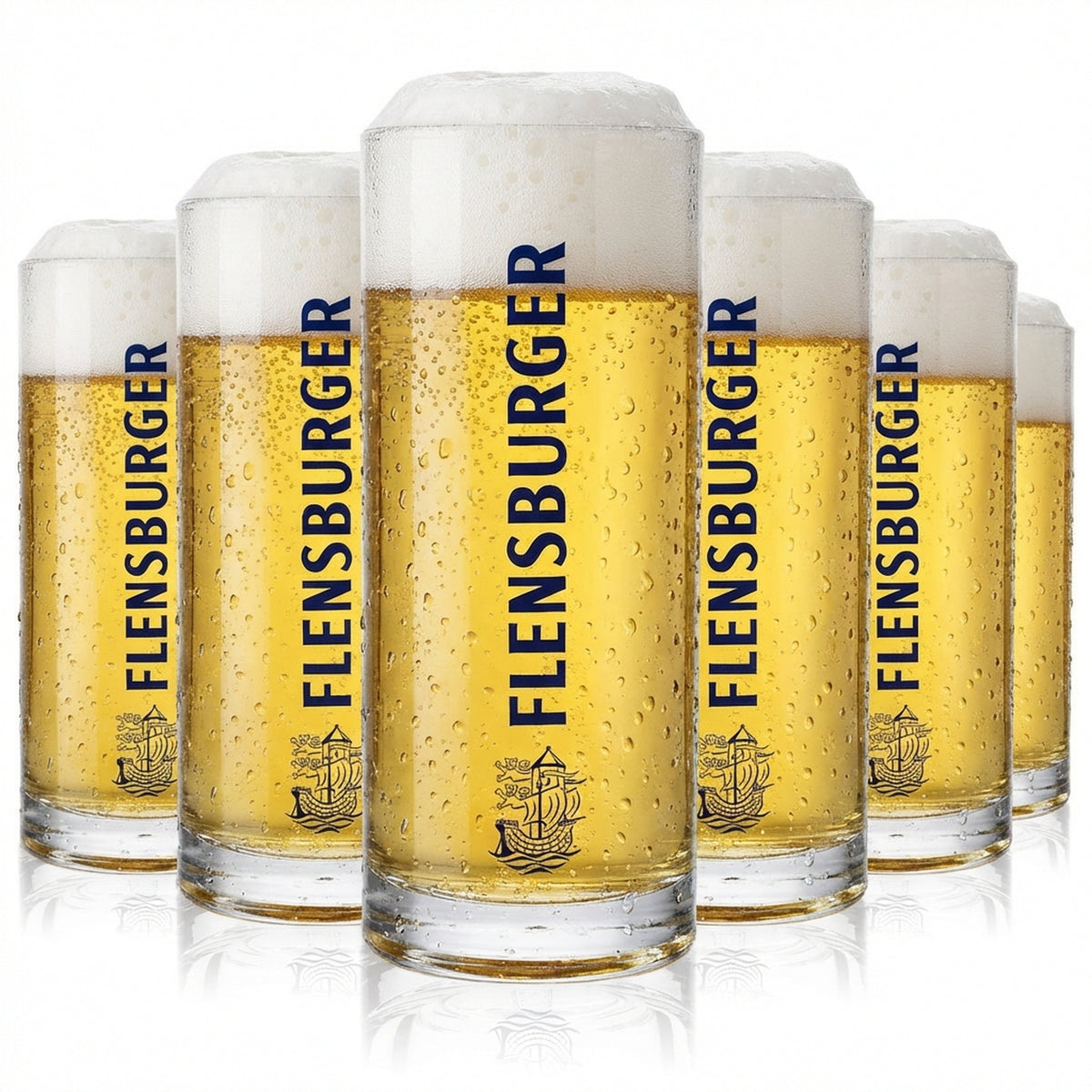 6x kufel do piwa Flensburg 0,3 l Szklane kufle do piwa Seidel Humpen niebieski napis