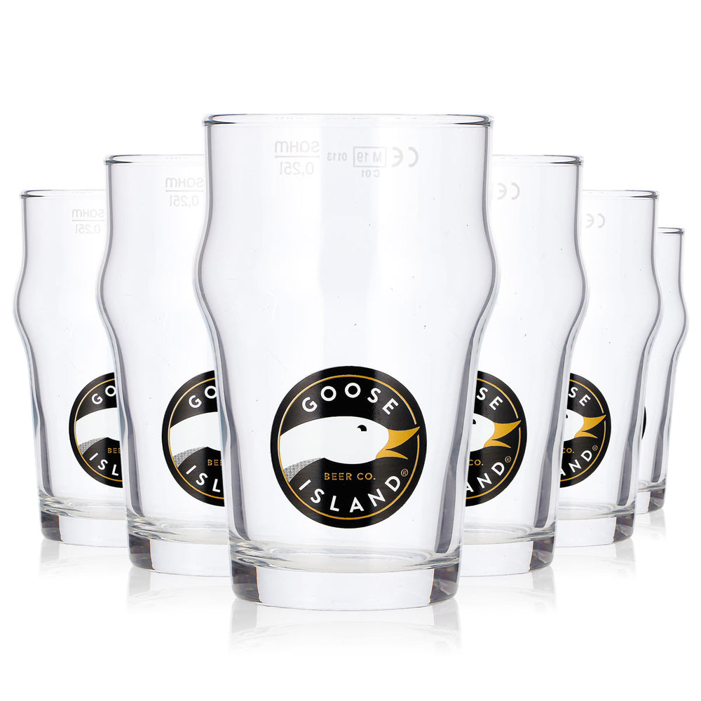 6 szklanek do piwa Goose Island 0,25 l, typu longdrink, z logo gęsi z 1988 r., szklanki do piwa Sahm (zestaw 6 sztuk)