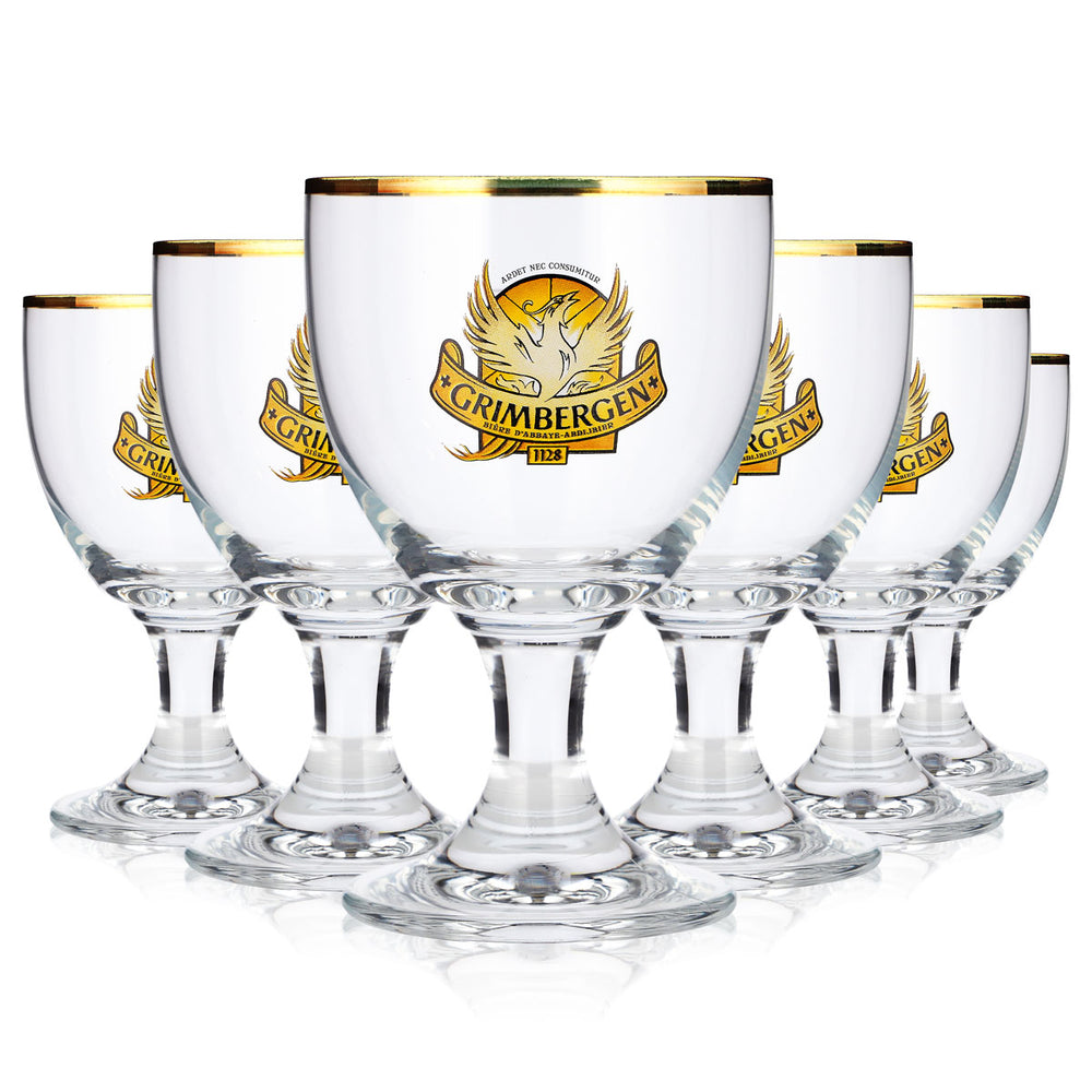 6 sztuk szklanek do piwa Grimbergen o pojemności 25 cl, w kształcie kielicha, z żółtym logo Ritzenhoff, w kształcie tulipana