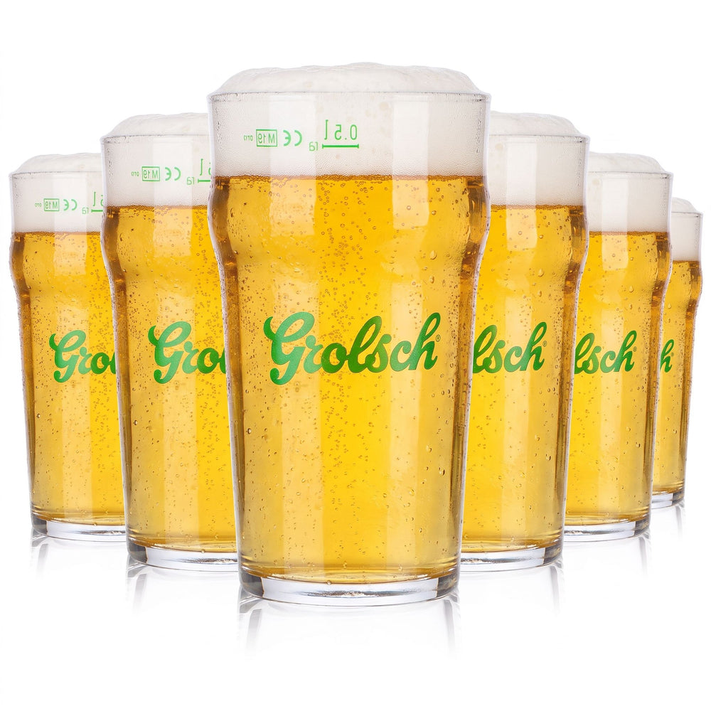 6 szklanek do piwa Grolsch o pojemności 0,5 l, szklanki profilowane z zielonym logo Rastal