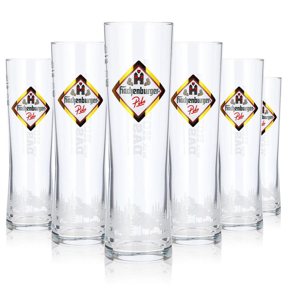 6 szklanek do piwa Hachenburger 0,2 l typu longdrink, Pils Rastal, złote logo (zestaw 6 sztuk)