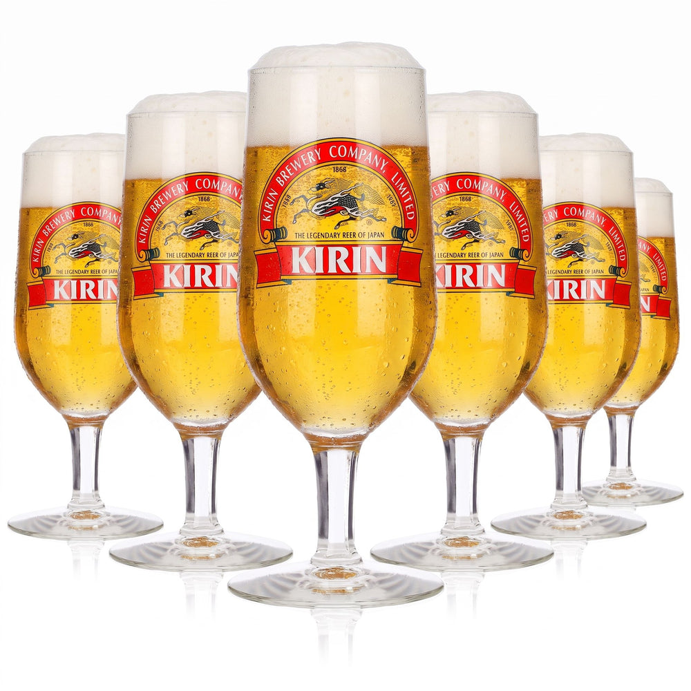 6 szklanek do piwa Kirin Ichiban o pojemności 0,2 l, w kształcie pucharu, z czerwonym paskiem w logo Rastal