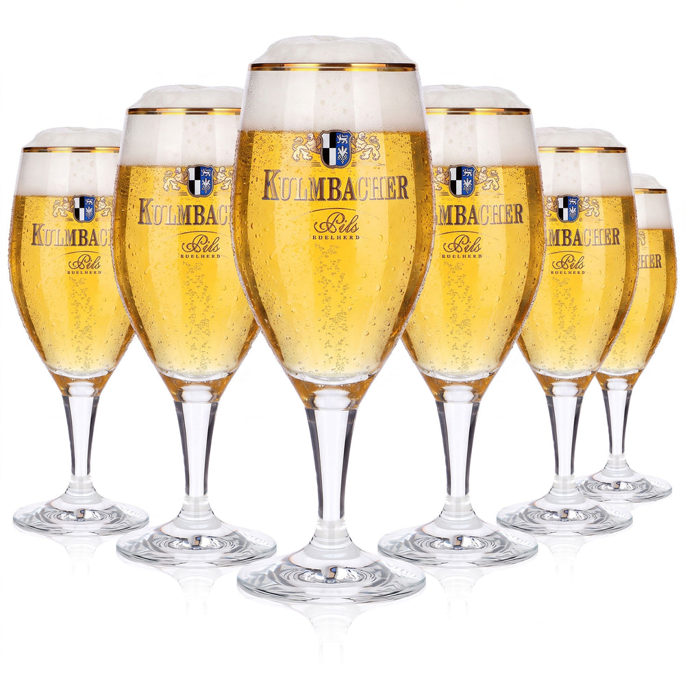 6 szklanek do piwa Kulmbacher Reichelbräu o pojemności 0,25 l, w kształcie pucharu, ze złotym brzegiem, model „Sahm” (zestaw 6 sztuk)