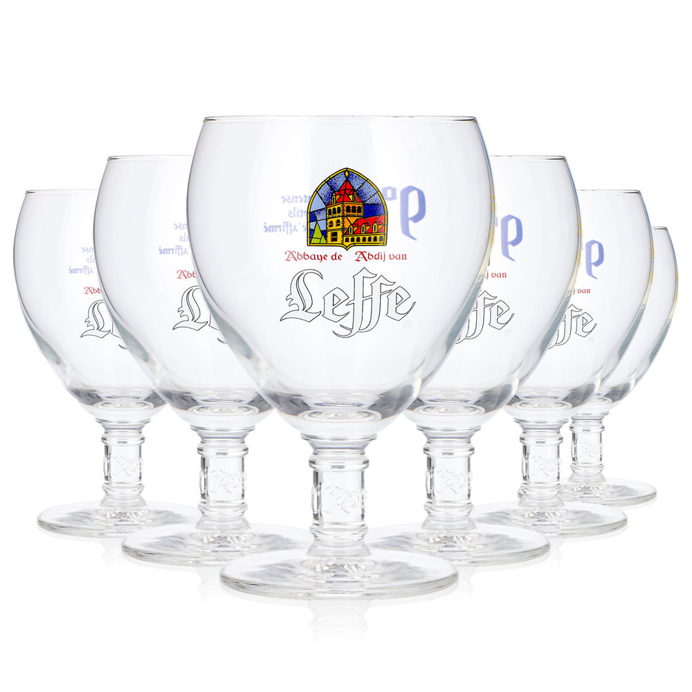 6 szklanek do piwa Leffe 0,33 l, kształt tulipana, z niebieskim napisem z tyłu, szklanki w kształcie pucharu (zestaw 6 sztuk)