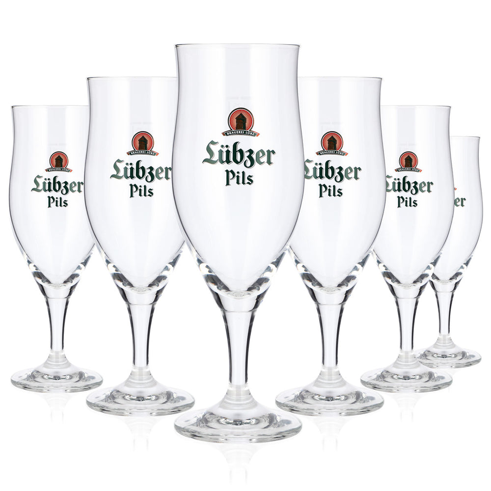 6 szt. szklanek do piwa Lübzer, 0,25 l, w kształcie tulipana, z zielonym logo Ritzenhoff