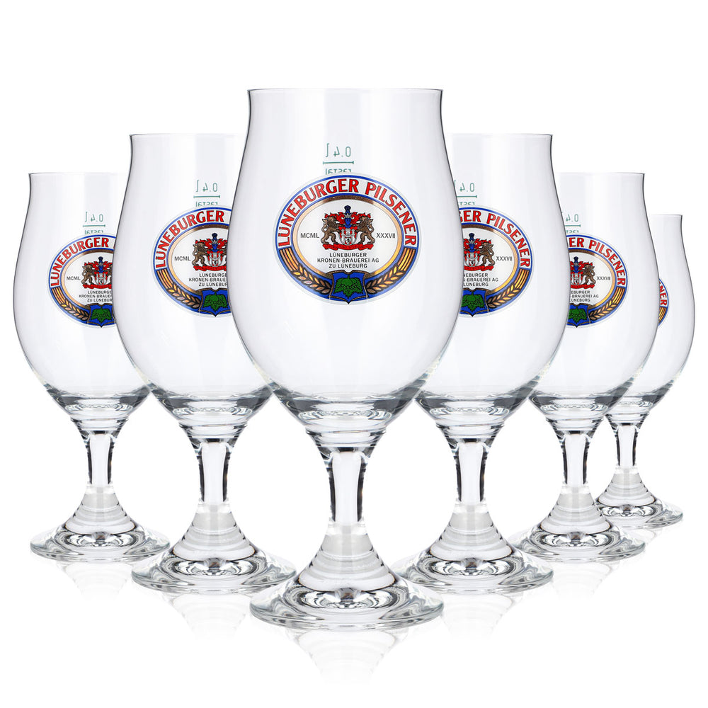 6 szt. szklanek do piwa typu pilsner z Lüneburga, 0,4 l, w kształcie tulipana, szklanki do piwa Rastal
