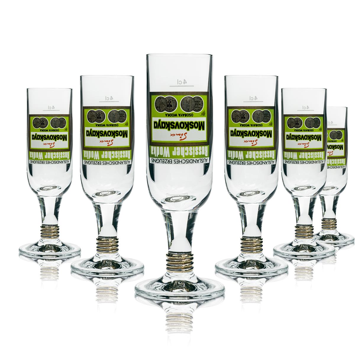 6x Moskovskaya Vodka szklany kieliszek wygląd butelki
