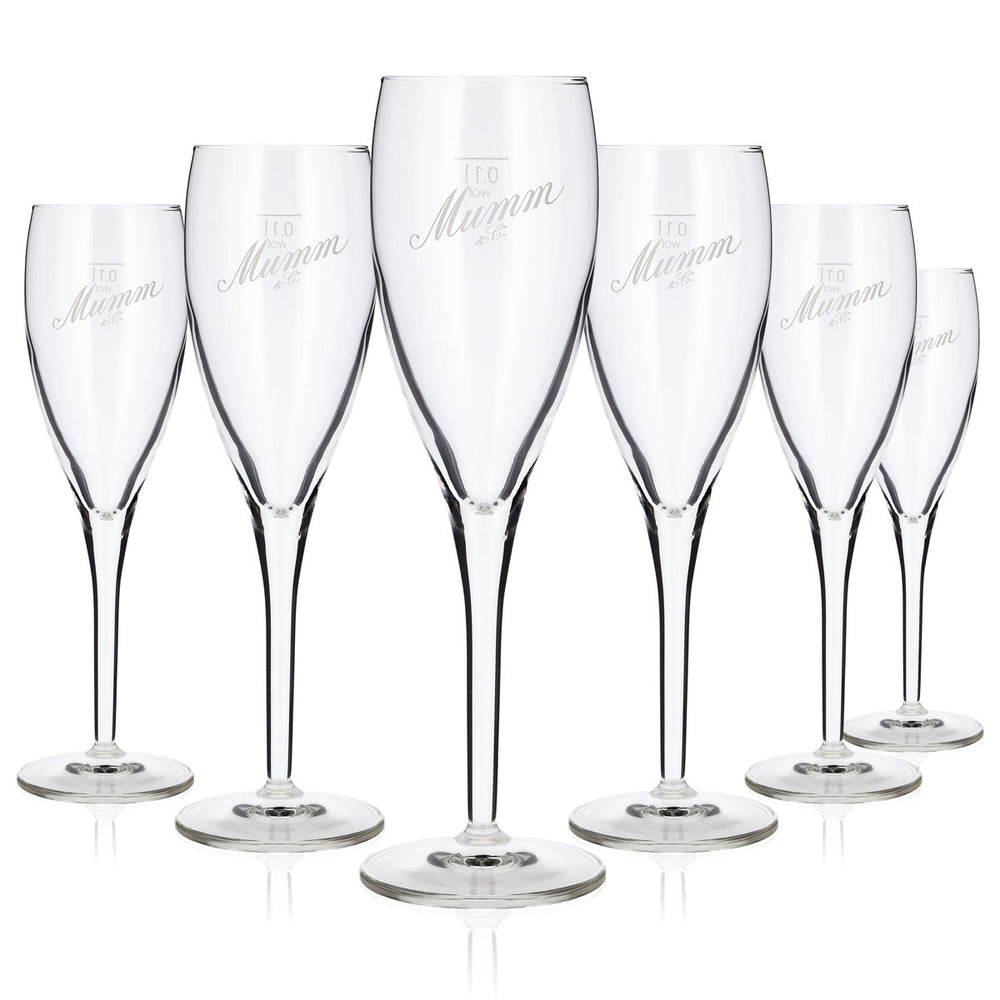 6 szt. kieliszków do szampana Mumm, fletowe, 0,1 l, z białym, ukośnym logo Mumm&Co (zestaw 6 szt.)