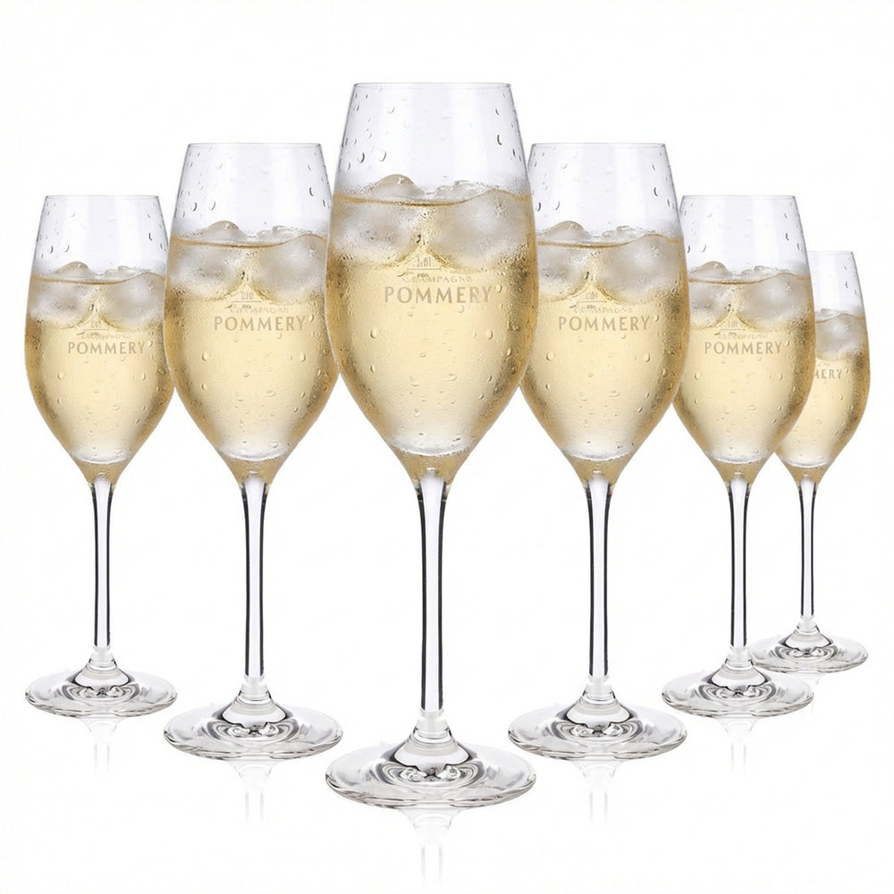 6x kieliszki do szampana Pommery, kieliszki do wina musującego, kieliszki do szampana, długie
