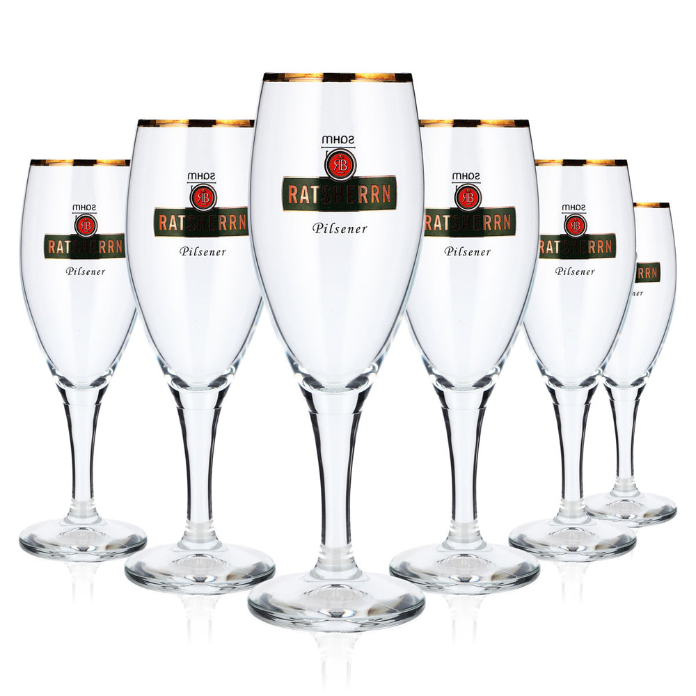 6 szt. szklanek do piwa „Ratsherrn” 0,2 l, szklanki typu pokal, piwo typu pilsner, zielone logo, złota obwódka (zestaw 6 szt.)