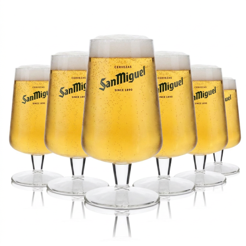 6x szklanka San Miguel 0,3 l, kielich tulipanowy, szklanki do piwa Cerveza, Hiszpania, browar międzynarodowy