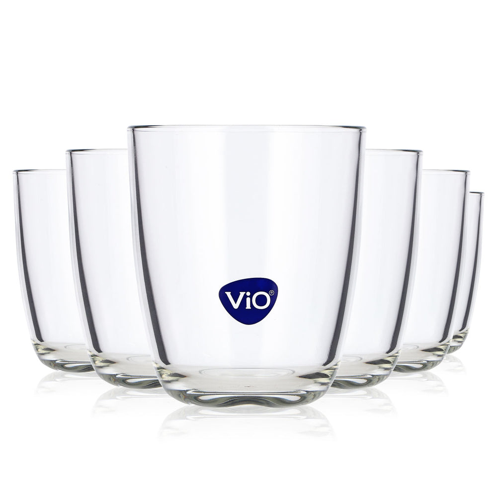6 szt. szklanek Vio Wasser 0,55 l, szklanki typu tumbler z niebieskim logo, szklanki do whisky typu Old Fashioned