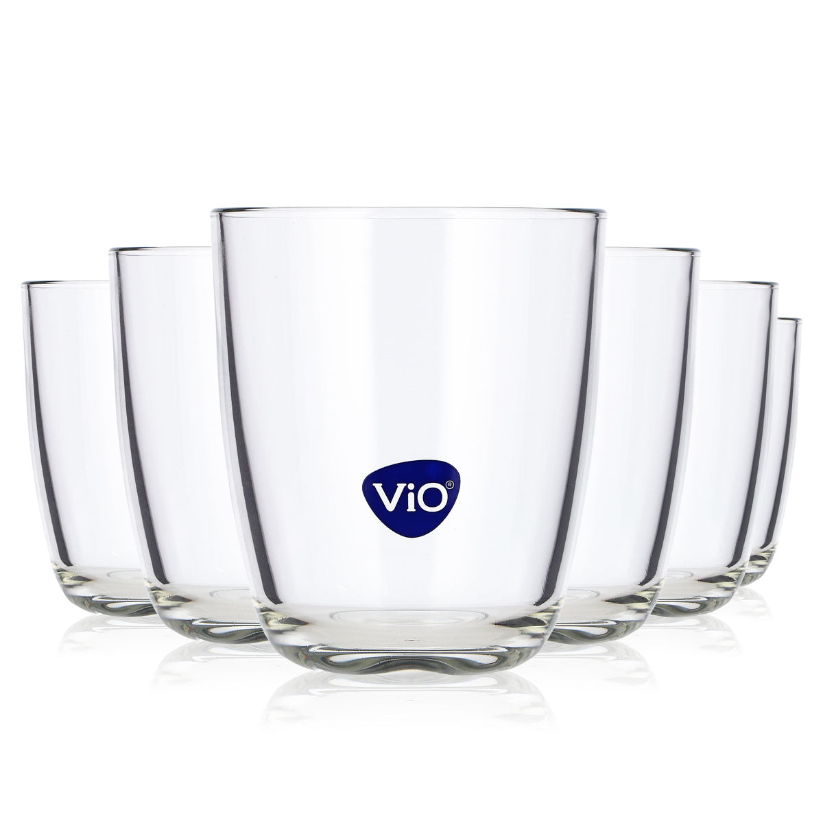 6 szt. szklanek Vio Wasser 0,55 l, szklanki typu tumbler z niebieskim logo, szklanki do whisky typu Old Fashioned