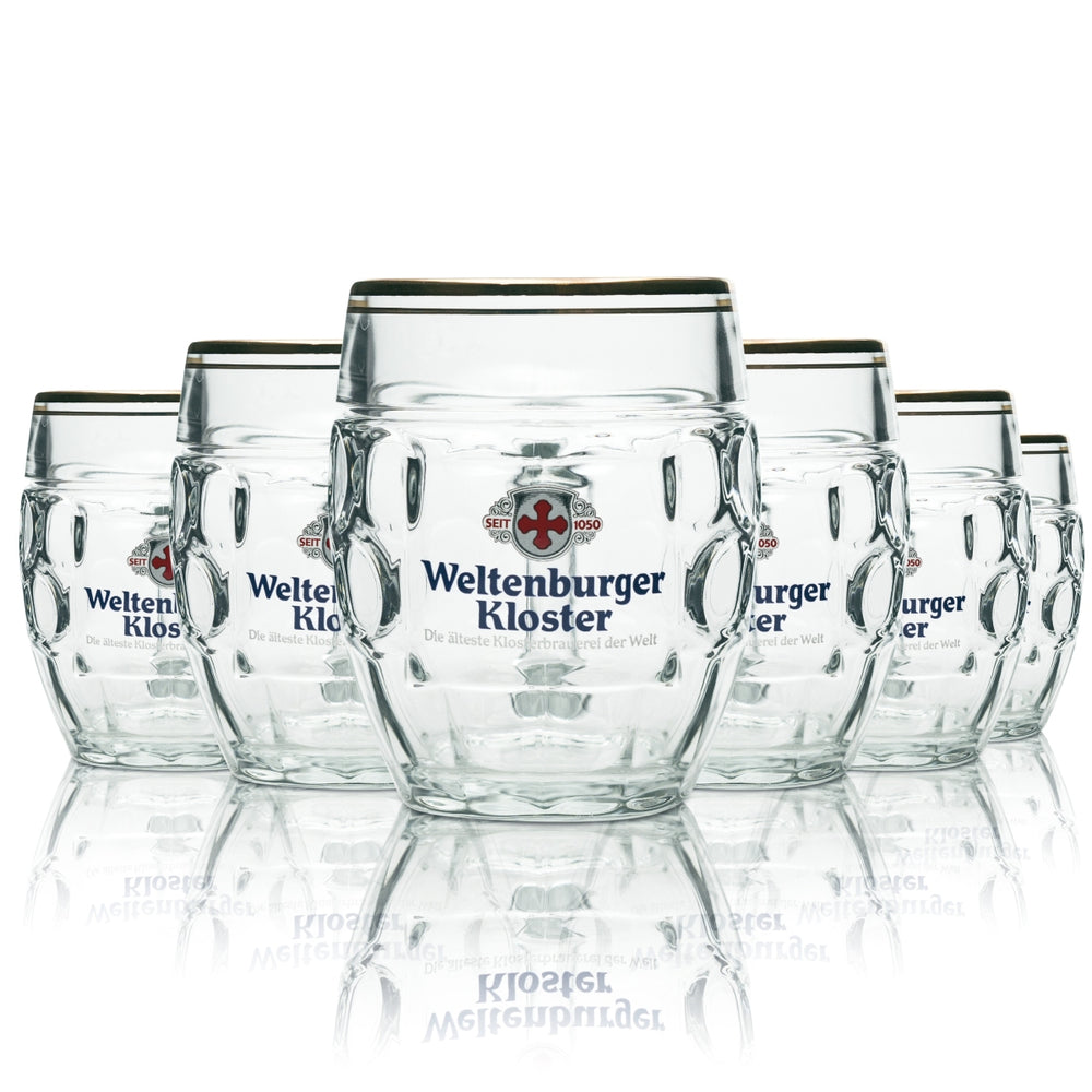 6x szklany dzbanek do piwa Weltenburger Kloster okrągły 0,5l Stölze ze złotą obwódką