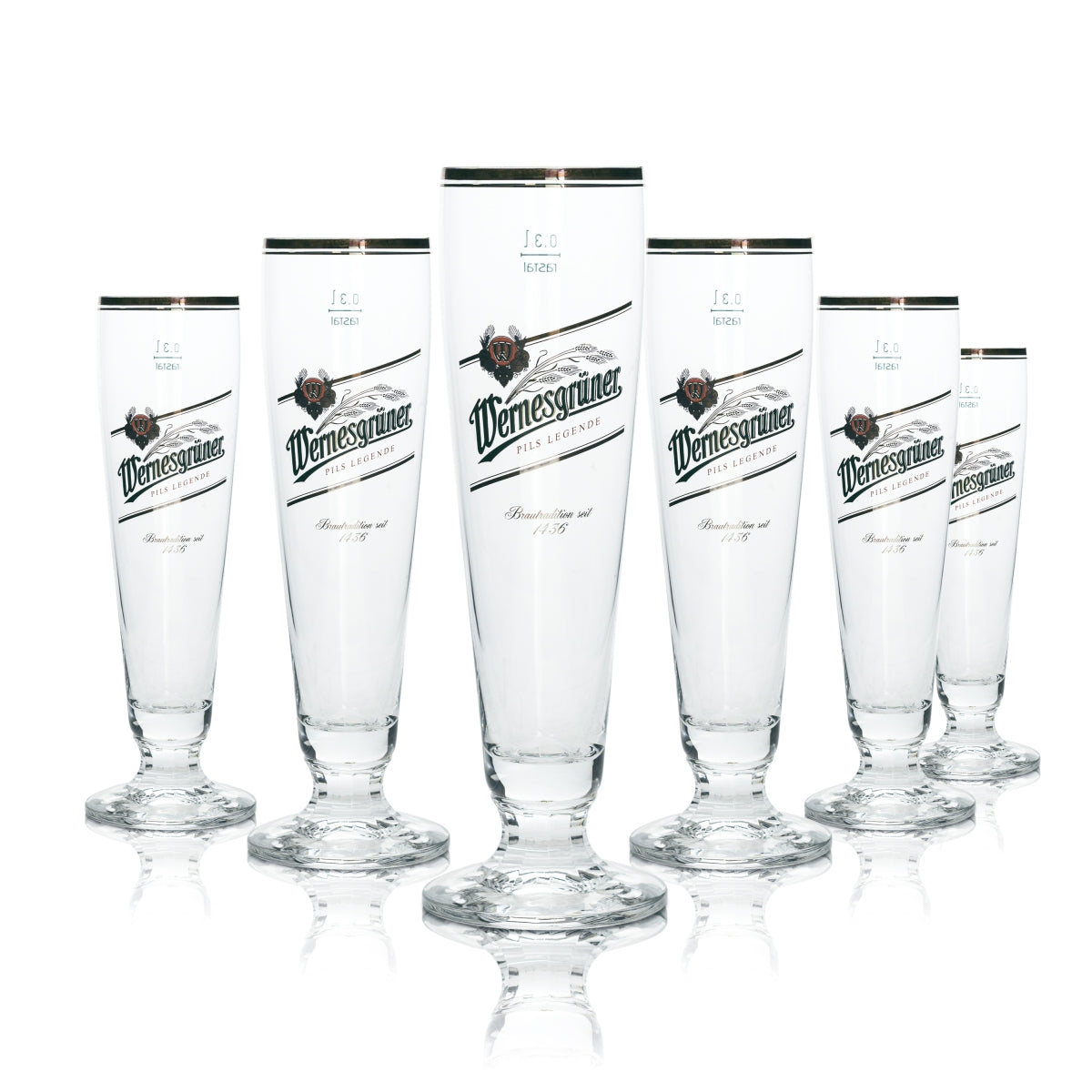 6x Wernesgrüner Beer Glass Cup 0,3l Gold Rim Rastal Glasses Pils Tulip Beer Cup
