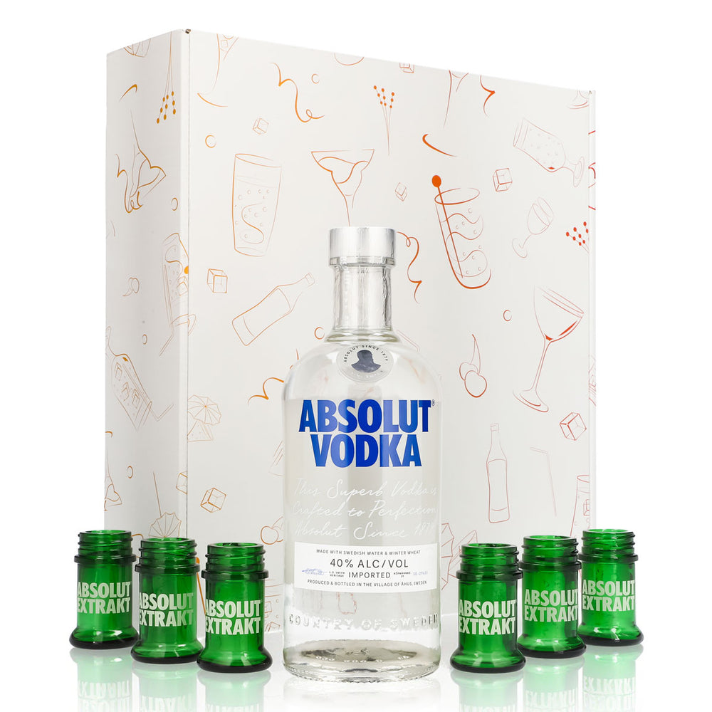 Absolut Vodka Geschenkset 0,7l Flasche 40 % Vol. + Shotgläser Extrakt–weiß