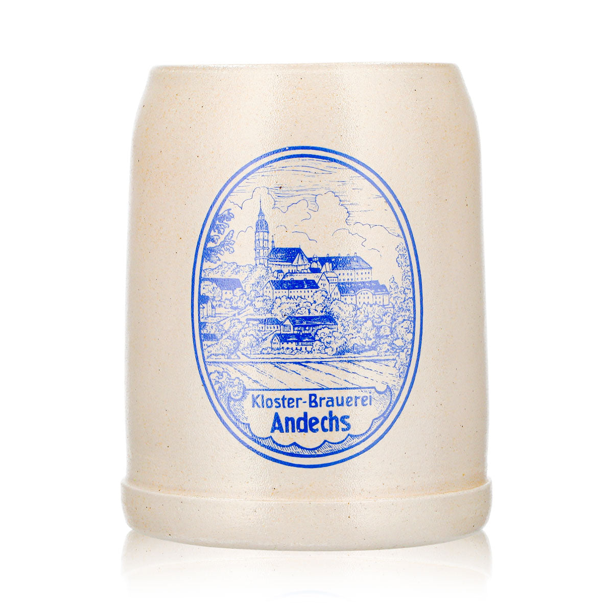 Szklany kufel do piwa Andechs, gliniany dzbanek 0,5 l, niebieskie logo, glina – Widok 2