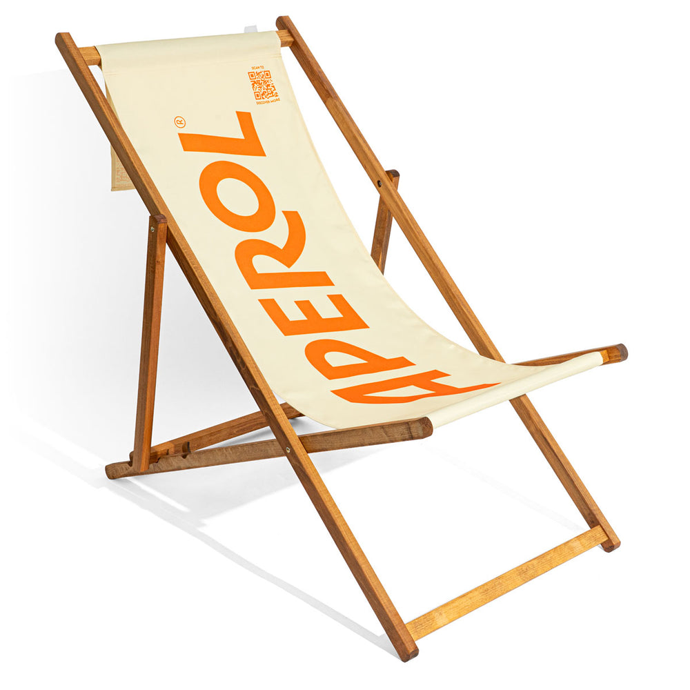 Aperol Spritz Leżak Plażowy Krzesło tarasowe Biały drewniany stelaż Napis Likier