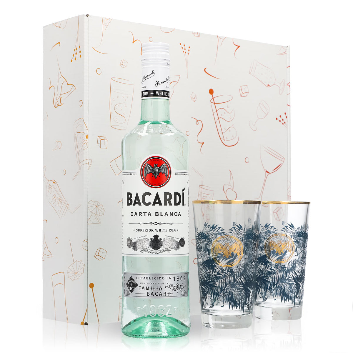 Bacardi Rum Geschenkset 0,7l Flasche 37,5 % Vol. + Longdrink Gläser Goldrand–weiß