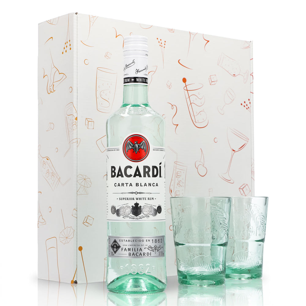 Bacardi Rum Geschenkset 0,7l Flasche 37,5 % Vol. + Longdrink Gläser Palme–weiß