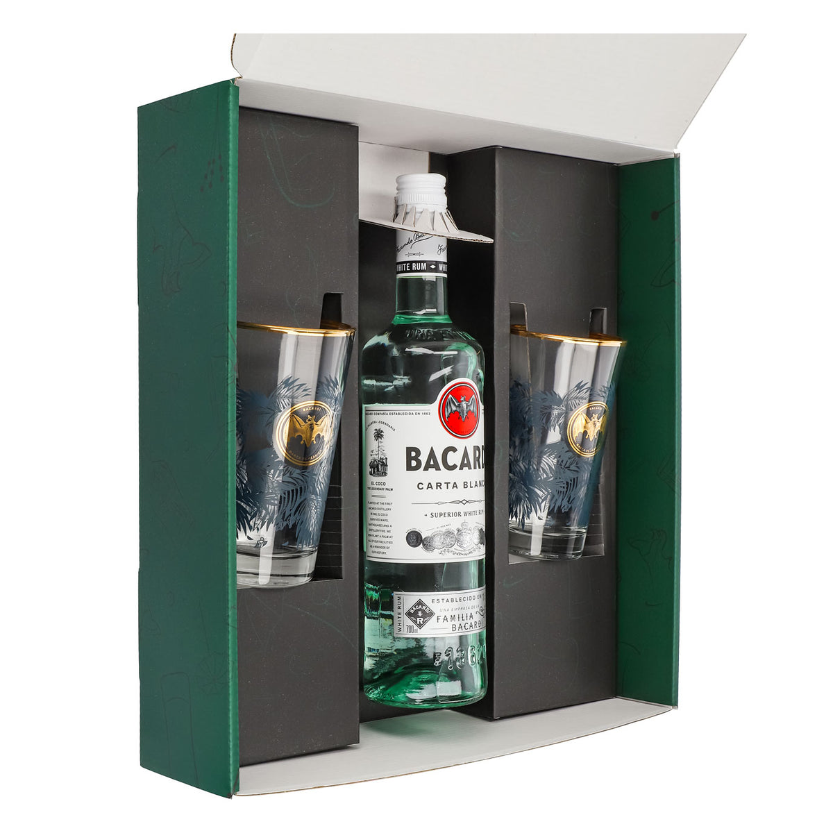 Bacardi Rum Geschenkset 0,7l Flasche 37,5 % Vol. + Longdrink Gläser Goldrand–grün – Ansicht 4