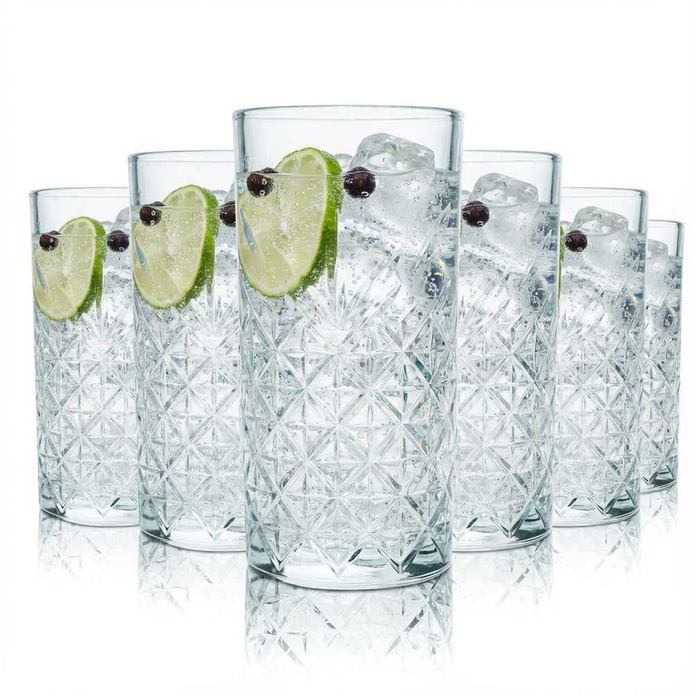 Zestaw 6 szklanek Bathtub Gin 0,4 l Highball/Longdrink – szklanki z reliefem, solidne i eleganckie