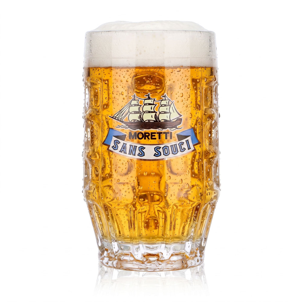 Szklany kufel do piwa Birra Moretti o pojemności 0,2 l z reliefem „Sans Souci”