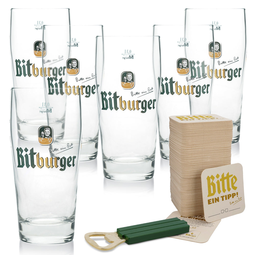 Zestaw do piwa Bitburger I zawierający 6 szklanek Willi, 1 otwieracz do butelek i podkładki pod piwo